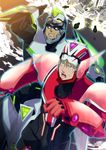  aqua_eyes barnaby_brooks_jr blonde_hair brown_hair glowing glowing_eyes highres kaburagi_t_kotetsu male_focus missile motion_blur multiple_boys neon_trim power_armor power_suit running sawaragi_tessa superhero sweat tiger_&amp;_bunny wild_tiger 