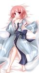  barefoot bed_sheet collarbone ghost gorujitai hitodama japanese_clothes lying no_hat no_headwear off_shoulder on_back open_clothes open_robe pink_eyes pink_hair purple_eyes robe saigyouji_yuyuko solo touhou 