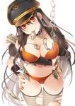  bad_id bad_pixiv_id bdsm between_breasts bikini black_hair blush breast_hold breasts chain collar elbow_gloves fingerless_gloves fingernails gloves hand_on_hip hat highres lace lace_legwear large_breasts long_hair money money_hold mouth_hold nail_polish orange_eyes original peaked_cap platinumcorundum simple_background slave smile solo swimsuit thigh_gap thighhighs torn_clothes torn_legwear very_long_hair 