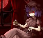  blue_hair cherry cup cupping_glass curtains dress food fruit full_moon grin hat moon nice pudding pun purple_hair red_eyes red_moon remilia_scarlet short_hair sitting slit_pupils smile solo spoon touhou window 