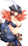  badge bat belt blush breasts cleavage crop_top feathers fedora garuda_(armor) grey_eyes hair_over_one_eye hat hat_feather highres large_breasts midriff monster_hunter monster_hunter_frontier navel open_mouth pink_hair profile shield short_hair side_slit smile solo standing transparent_background underboob yui.h 