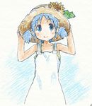  bad_id bad_pixiv_id bare_shoulders blue_eyes blue_hair blush flower hair_ornament hands_on_headwear hat naganohara_mio nichijou nomuo_(shiromi) short_hair short_twintails smile solo straw_hat twintails 