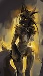  &lt;3 abstract_background anthro arrow bipedal black black_claws black_fur breasts collar digital_media_(art) digital_painting_(art) directional_arrow dragon equine female fluffy fluffy_tail front_view fur grey_fur grey_hair hair horn hybrid leaning leaning_forward looking_away mammal neck_ruff necklace nhala_levee nipple_piercing nipples nude on_one_leg piercing purplekecleon restricted_palette signature slit_pupils snout solo standing three-quarter_portrait walking whiskers yellow_eyes 
