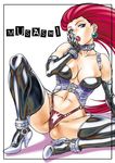  bdsm blue_eyes bondage boots bound breasts buckle choker cleavage collar corset earrings elbow_gloves female gloves high_heels jesse jewelry leash leather long_hair musashi_(pokemon) panties pierre_norano pokemon pokemon_(anime) red_hair restraints shoes solo team_rocket thighhighs underwear white_background 