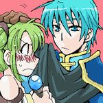  angry aqua_eyes aqua_hair armor belt black_eyes blue_eyes blue_hair blush boots cape couple dress ephraim eye_contact fire_emblem fire_emblem:_seima_no_kouseki fire_emblem_sacred_stones gloves green_hair holding l&#039;arachel l'arachel looking_at_another lowres petting ponytail prince princess serious short_hair shy staff sweat 