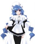  absurdres black_legwear blue_eyes blue_hair braid chobits head_tilt highres long_hair maid maid_headdress oono_tetsuya pantyhose scan simple_background solo twin_braids white_background yuzuki 