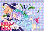  backpack bag blonde_hair blue_hair boots braid breasts cucumber food hair_bobbles hair_ornament hat jumping kawashiro_nitori key kilkennycat kirisame_marisa large_breasts multiple_girls one_eye_closed open_mouth short_hair touhou twintails two_side_up witch_hat yellow_eyes 