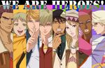  6+boys antonio_lopez artist_request barnaby_brooks_jr blonde_hair blue_eyes blue_jacket bomber_jacket brown_eyes brown_hair bruce_lee's_jumpsuit cabbie_hat chest_hair cropped_jacket dark_skin facial_hair finger_to_mouth fur_trim glasses green_eyes hat huang_baoling ivan_karelin jacket jumpsuit kaburagi_t_kotetsu karina_lyle keith_goodman letterman_jacket lipstick makeup multiple_boys multiple_girls nathan_seymour necktie pink_eyes pink_hair purple_jacket red_hair red_jacket short_hair stubble tiger_&amp;_bunny v-neck waistcoat 