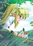  :d blonde_hair brown_hair fate_testarossa from_behind from_side giantess grass light_rays long_sleeves lying lyrical_nanoha mahou_shoujo_lyrical_nanoha multiple_girls on_stomach open_mouth profile size_difference smile sunlight takamachi_nanoha tehen twintails 