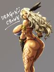  amazon_(dragon's_crown) arched_back armlet armor ass back bikini bikini_armor blonde_hair breasts circlet dragon's_crown feathers gloves huge_breasts long_hair muscle muscular_female nekomamire panties sideboob simple_background solo swimsuit tattoo thick_thighs thighs thong thong_bikini underwear 
