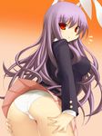  1girl animal_ears ass bad_id bad_pixiv_id breasts bunny_ears from_behind impossible_clothes impossible_shirt leaning_forward long_hair looking_at_viewer looking_back medium_breasts miniskirt no_tail panties purple_hair red_eyes reisen_udongein_inaba shirt simple_background skirt skirt_flip solo touhou tsukumiya_amane underwear upskirt white_panties 
