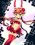  bad_id bad_pixiv_id bare_shoulders brown_hair c_(control) chingisu demon_girl flat_chest flower gloves green_eyes hair_flower hair_ornament horns mashu_(control) miniskirt navel pointy_ears skirt solo strapless thighhighs tubetop 