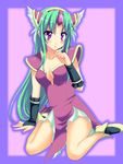  :o arm_garter bare_legs border breasts cleavage collarbone dress frills full_body green_hair long_hair looking_at_viewer low-tied_long_hair medium_breasts parted_lips purple_dress purple_eyes riesz saki_chisuzu seiken_densetsu seiken_densetsu_3 sitting solo strapless strapless_dress yokozuwari 