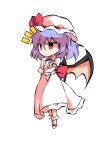 1girl bangs bat_wings black_eyes bow chibi closed_mouth collar collared_dress dairi dress eyebrows_visible_through_hair full_body hair_between_eyes hands_up hat hat_ribbon looking_to_the_side mob_cap no_shoes pink_eyes puffy_short_sleeves puffy_sleeves purple_hair red_bow red_ribbon remilia_scarlet ribbon short_hair short_sleeves simple_background smile socks solo standing tachi-e touhou transparent_background white_dress white_headwear white_legwear white_sleeves wings wrist_cuffs 