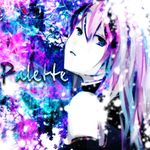  abstract abstract_background bare_shoulders black_gloves blue_hair elbow_gloves english gloves gradient_hair hair_between_eyes japanese_clothes kimono light_particles light_smile long_hair looking_at_viewer megurine_luka meola multicolored_hair parted_lips pink_hair purple_eyes sleeveless solo upper_body vocaloid white_skin 