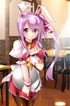  blush cat_bell chair collar hair_ribbon pantyhose piromizu ponytail purple_hair red_eyes smile table tray waitress 