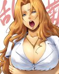  between_breasts bleach blue_eyes breast_hold breasts chain cleavage collarbone covered_nipples crossed_arms hairu huge_breasts jewelry long_hair matsumoto_rangiku mole mole_under_mouth necklace open_mouth orange_hair shirt simple_background solo tongue upper_body 