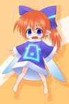  blue_eyes bow fairy_wings hair_bow highres kso looking_at_viewer open_mouth orange_hair pointy_ears simple_background smile solo wings 