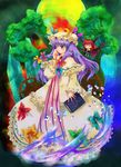  book crescent demon_girl dress frills from_side grimoire hat head_wings koakuma long_sleeves michii_yuuki mob_cap multiple_girls outdoors patchouli_knowledge plant purple_eyes purple_hair red_hair standing succubus touhou tree white_dress 
