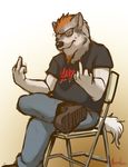  boots canine eyewear glasses hair male mammal meesh middle_finger orange_hair plain_background sitting slayer solo the_finger white_background wolf 