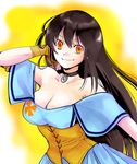  bad_id bad_pixiv_id breasts brown_hair cleavage corset dress gloves kikuyarou large_breasts long_hair metal_max solo yellow_eyes 