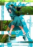  backpack bag bent_over blue_eyes blue_hair boots from_behind hat hullzion kawashiro_nitori legs looking_back open_mouth skirt solo touhou tree water 
