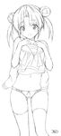  clothes_in_front double_bun greyscale hide_yoshino kinohara_hikaru lineart monochrome panties sengoku_otome simple_background solo thighhighs underwear undressing 