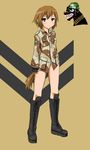  bad_id bad_pixiv_id boots brown_hair camouflage commentary dakku_(ogitsune) fingerless_gloves gloves green_eyes knee_boots military military_uniform no_pants original panties solo strike_witches_1991 underwear uniform world_witches_series 