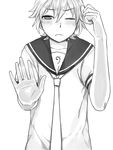  against_glass bad_id bad_pixiv_id blush face formalin greyscale hands kagamine_len male_focus monochrome necktie one_eye_closed sailor_collar solo vocaloid 