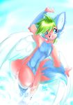  blue_eyes canine chest_tuft fox fur green_hair hair male mammal nude open_mouth peritian raised_arm ruffy smile solo standing tuft water wings 