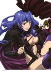  absurdres artist_request blue_eyes blue_hair blue_nails breasts cape cleavage garter_straps highres large_breasts lipstick long_hair macross macross_frontier macross_frontier:_itsuwari_no_utahime makeup nail_art nail_polish sheryl_nome solo thighhighs 