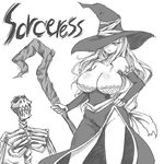  breasts cleavage dragon's_crown dress greyscale hat large_breasts long_hair monochrome rayno skeleton solo sorceress_(dragon's_crown) staff strapless strapless_dress witch_hat 