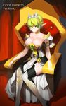  absurdres breasts choker code:_empress_(elsword) cosplay dress elf elsword eve_(elsword) eve_(elsword)_(cosplay) green_eyes green_hair highres huge_breasts legs long_legs pointy_ears rena_(elsword) sitting smile snowball22 solo strapless strapless_dress thighhighs thighs throne tiara yellow_choker 