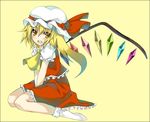  :o blonde_hair blush crystal flandre_scarlet full_body hat looking_at_viewer mob_cap one_side_up open_mouth puffy_short_sleeves puffy_sleeves red_eyes red_skirt shingetsu_takehito short_hair short_sleeves simple_background sitting skirt solo touhou vest wariza wings yellow_background 