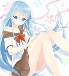  ahoge bare_shoulders blue_eyes blue_hair denpa_onna_to_seishun_otoko kurasawa_moko long_hair nail_polish off_shoulder panties pantyshot pantyshot_(sitting) pleated_skirt school_uniform serafuku sitting skirt smile solo thighs touwa_erio underwear white_panties 