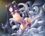  arm_held_back bestiality black_hair bodysuit breasts empty_eyes highres leotard long_hair monster navel nipples original red_eyes restrained small_breasts solo squid tentacles thighhighs torn_clothes twintails very_long_hair wacchi 