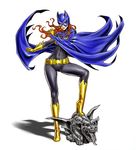  animal_ears barbara_gordon batgirl batman_(series) belt blue_eyes bodysuit boots cape dc_comics elbow_gloves fake_animal_ears fangs full_body gargoyle gloves high_heel_boots high_heels knee_boots leg_up long_hair mask navel orange_hair shadow shoes simple_background skin_tight smile solo spread_legs standing statue superhero tongue wavy_hair wings yamashita_shun'ya yellow_footwear 