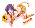  2010 all_fours bare_shoulders crop_top detached_sleeves fang gundam gundam_00 kemonomimi male megane midriff nekomimi open_mouth purple_hair red_eyes tagme tail thighhighs tieria_erde tiger_ears tiger_print tiger_tail trap 