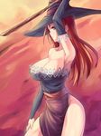 bare_shoulders breasts cleavage detached_sleeves dragon&#039;s_crown dragon's_crown female gradient gradient_background hat large_breasts long_hair red_eyes red_hair saiste solo sorceress_(dragon&#039;s_crown) sorceress_(dragon's_crown) staff witch_hat 