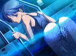  bent_over blue_eyes blue_hair blush dark_skin in_water mizugi night pool short_hair sky sukumizu swimsuit_aside tanlines tanned wet 