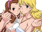  armpits asymmetrical_docking bad_id bad_pixiv_id blonde_hair blown_kiss bra breast_press breasts brown_hair cheek-to-cheek green_eyes hairband hisakawa_riho hoshii_miki idolmaster idolmaster_(classic) jewelry looking_at_viewer medium_breasts minase_iori multiple_girls necklace one_eye_closed red_eyes ribbon small_breasts underwear 