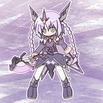  axe bad_id bad_pixiv_id belt braid detached_sleeves dinosaur genderswap green_eyes hair_ornament himekuri_kalendar kamen_rider kamen_rider_ooo kamen_rider_ooo_(series) long_hair o_medal pantyhose personification purple purple_hair ribbon rider-tan skirt solo twin_braids weapon white_legwear 