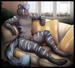  blue_hair feline hair hybrid looking_at_viewer male mammal markings mattpanther nipples nude penis penis_tip pink_nose rarakie relaxing sheath sitting sofa solo tiger 