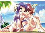  aoi_umi_no_tristia ass barefoot beach bikini breast_press breasts butt_crack day fawly_(aoi_umi_no_tristia) feet food fruit green_eyes holding hug komatsu_eiji leg_hug medium_breasts multiple_girls nanoca_flanka one_eye_closed outdoors palm_tree side-tie_bikini sitting sports_bikini string_bikini swimsuit tree water watermelon yokozuwari 