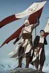  altair_ibn_la-ahad amputee assassin's_creed assassin's_creed_(series) black_hair flag gb_(doubleleaf) gloves hood male_focus malik_al-sayf multiple_boys scar sword vambraces weapon 