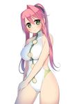  arima_kanae blush breasts cleavage green_eyes jewelry kashiwamochi_yomogi large_breasts long_hair mature one-piece_swimsuit original pink_hair ponytail ring simple_background smile solo swimsuit wedding_band wet white_swimsuit 