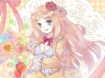  atelier atelier_(series) atelier_meruru blue_eyes blush bow breasts brown_hair cleavage crown doily dress female flower icc long_hair merurulince_rede_arls plant ribbon smile solo white_corsage yellow_dress 