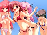  4girls bangs bare_shoulders belly bikini black_bikini black_hair blue_bikini blue_eyes blush breast_grab breast_press breasts brown_eyes cleavage curvaceous grope hand_under_bikini hand_under_bra large_breasts long_hair mizugi naughty_face open_mouth oppai pettanko pink_bikini pink_hair red_bikini red_eyes red_hair side_tie_bikini skinship_grope sky surprised tagme undressing wallpaper wide_hips yuri 