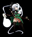  ascot belt black_hairband black_legwear blue_eyes blush bridal_gauntlets ganmo ghost groin hairband hitodama katana konpaku_youmu konpaku_youmu_(ghost) lowleg lowleg_panties panties pantyshot scabbard sheath sheathed short_hair side-tie_panties silver_hair simple_background solo sweat sword tassel thighhighs touhou underwear unsheathing upskirt vest weapon white_panties 