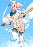  boots borrowed_character breasts day destiny_(ishida) elf highres large_breasts mama_(mama_hiro) nippleless_clothes nipples original pink_hair pointy_ears red_eyes revealing_clothes scepter sky solo staff sweat thigh_boots thighhighs wings 